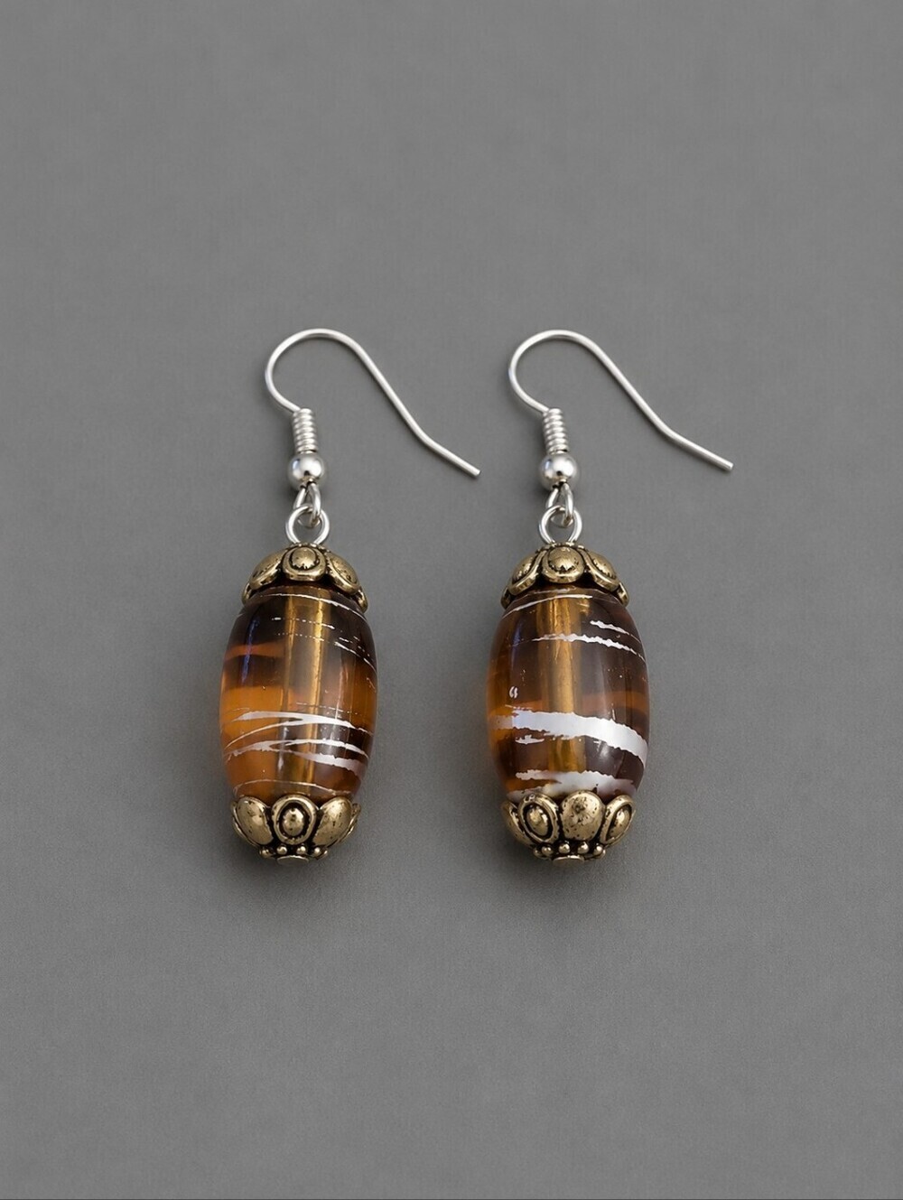 3/$30 HANDMADE Brown Foil Lampwork Glass Beaded Dangle Hook Earrings